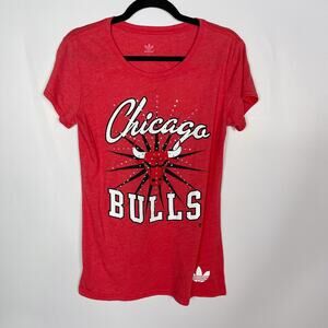 Adidas Womens Large L Red Chicago Bulls Short Sleeve Scoop Neck Tee Studded Top